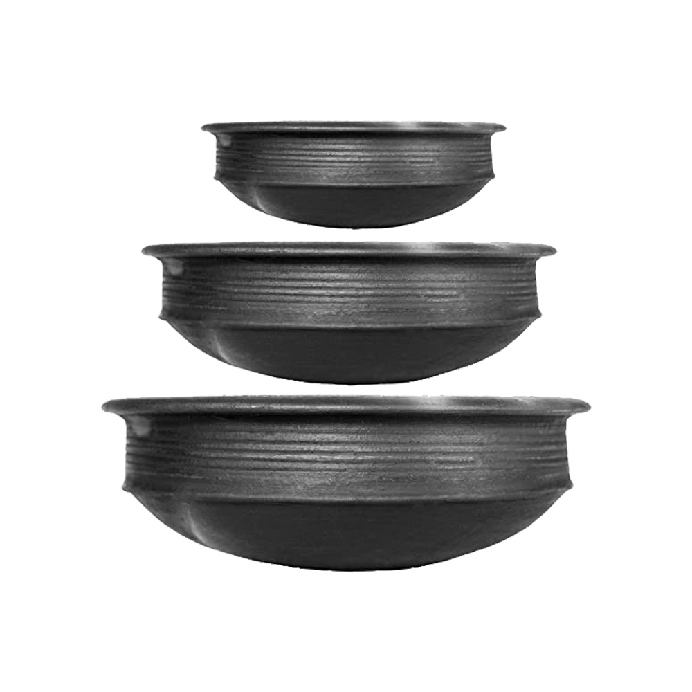 Black Pottery Clay Handi Combo for Cooking & Serving 1 2 & 3 Liter (Black)