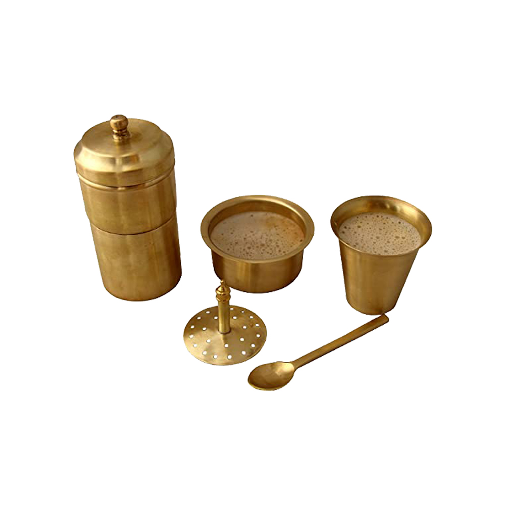 Kumbakonam Brass South Indian Coffee Filter with Dabara Set and 1 Small Spoon – Matt Finish – 250 ML