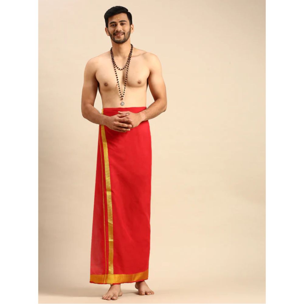 Men Color Dhoti with Gold Jari Red