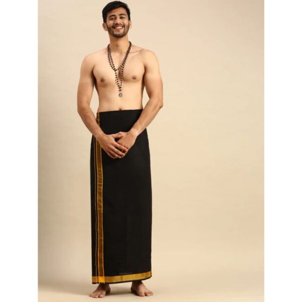Mens Sabari Black Dhoti With Fancy Border Yellow