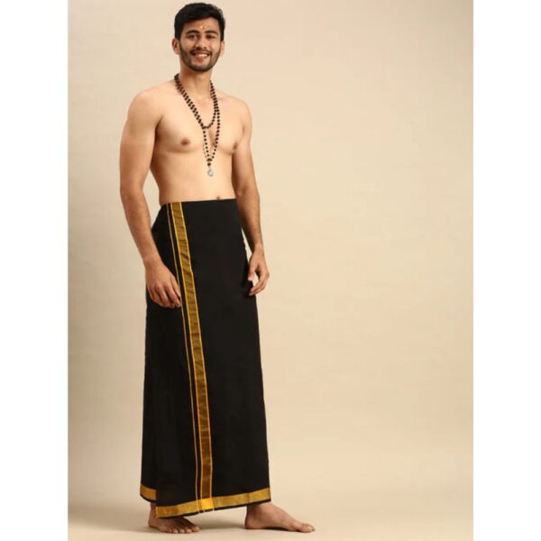 Mens Sabari Black Dhoti With Fancy Border Yellow - Image 2