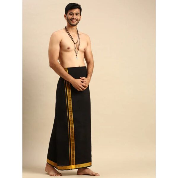 Mens Sabari Black Dhoti With Fancy Border Yellow - Image 4