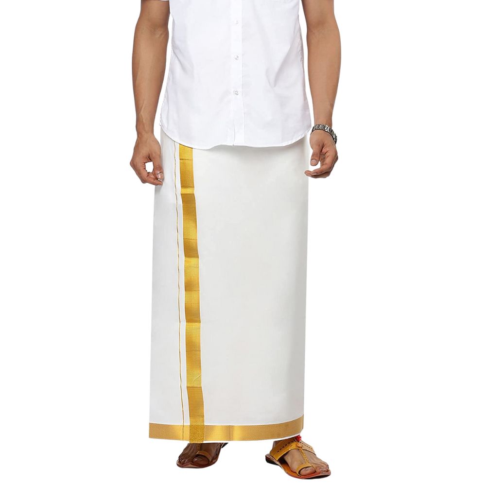 Men Pure Cotton Single Layer White Dhoti With Gold Jari Border