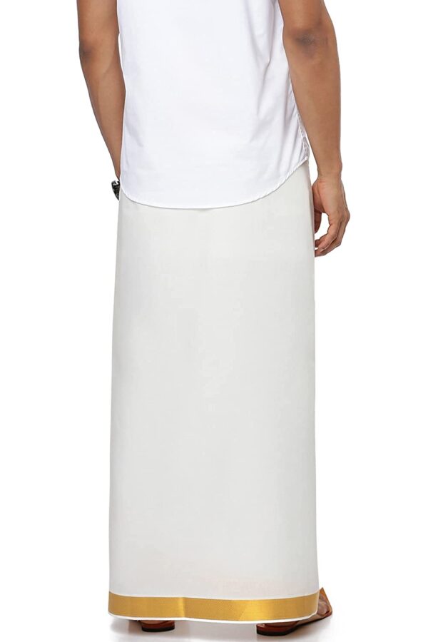 Men Pure Cotton Single Layer White Dhoti With Gold Jari Border - Image 2