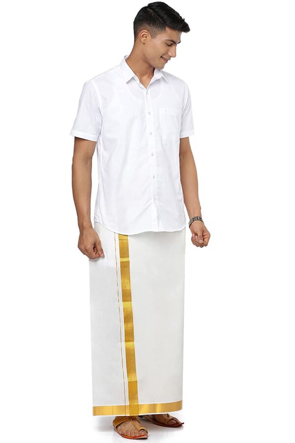 Men Pure Cotton Single Layer White Dhoti With Gold Jari Border - Image 3