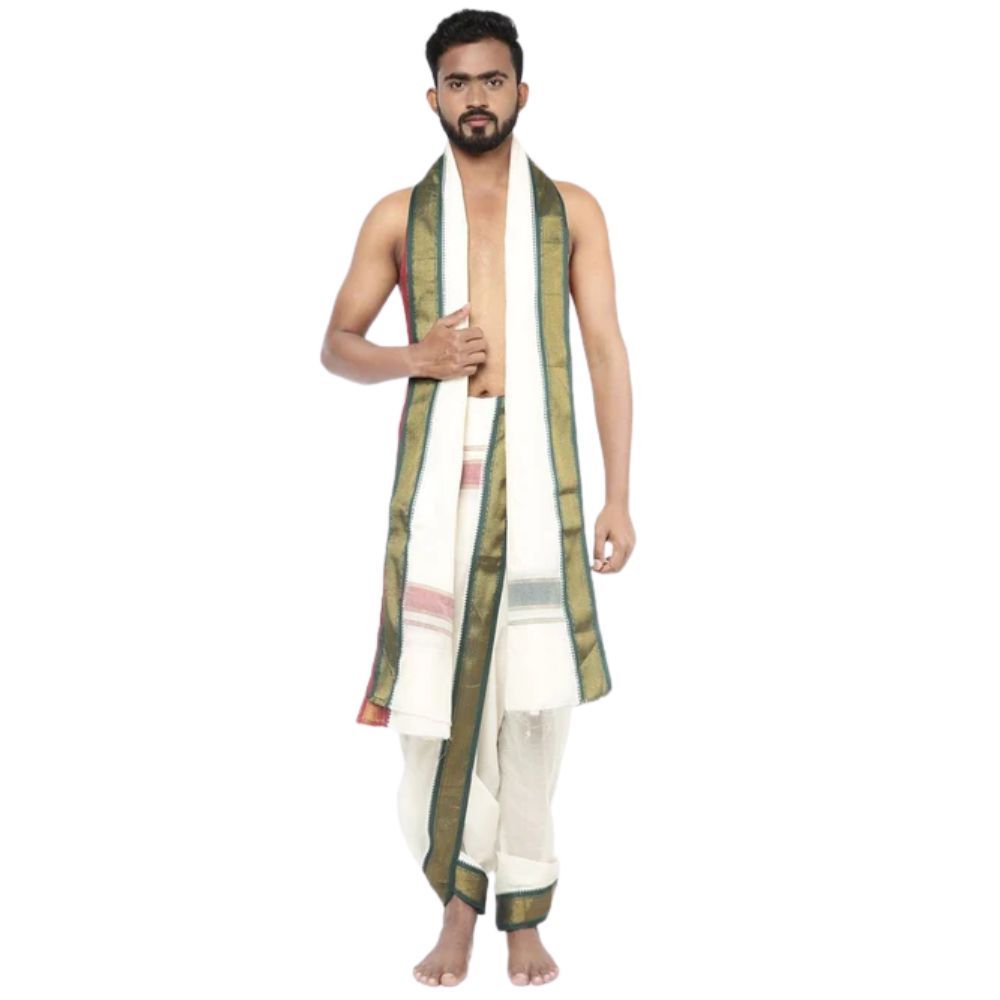 Mens Panchakacham Dhoti with Angavasthram 10 khan Jaripet Kora