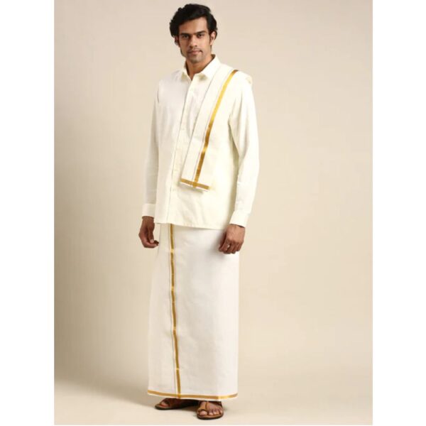 Mens Wedding Set Cream Regular Dhoti Shirt & Towel Arathi 1/2 - Image 2