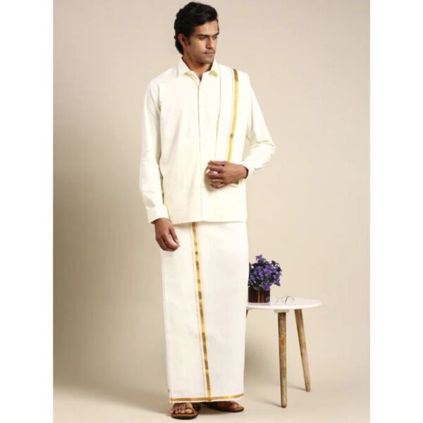 Mens Wedding Set Cream Regular Dhoti Shirt & Towel Arathi 1/2 - Image 4